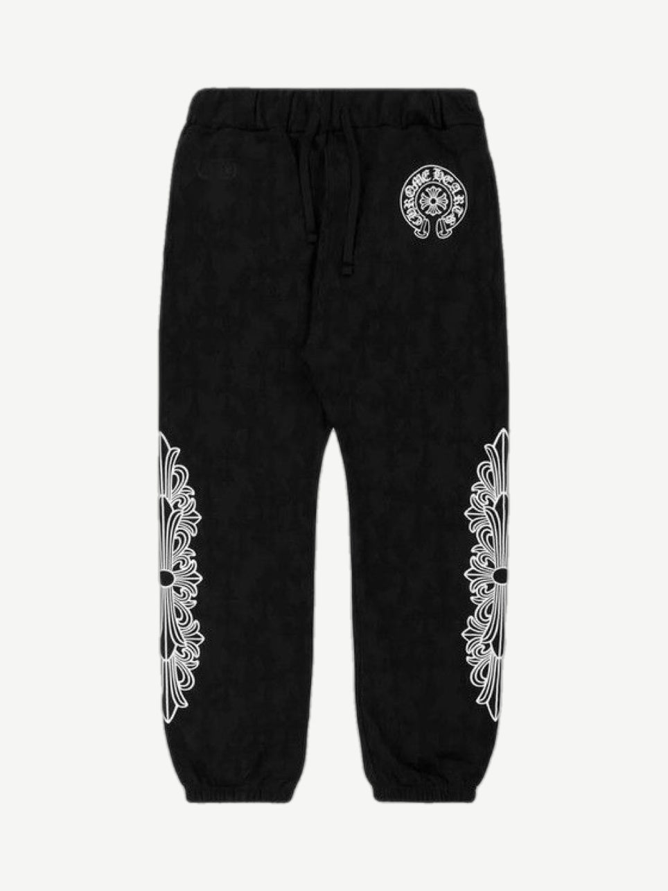 Chrome Hearts black Floral Cemetery sweatpants front view with horseshoe logo and dagger graphic on left leg