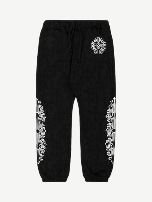 Chrome Hearts black Floral Cemetery sweatpants front view with horseshoe logo and dagger graphic on left leg