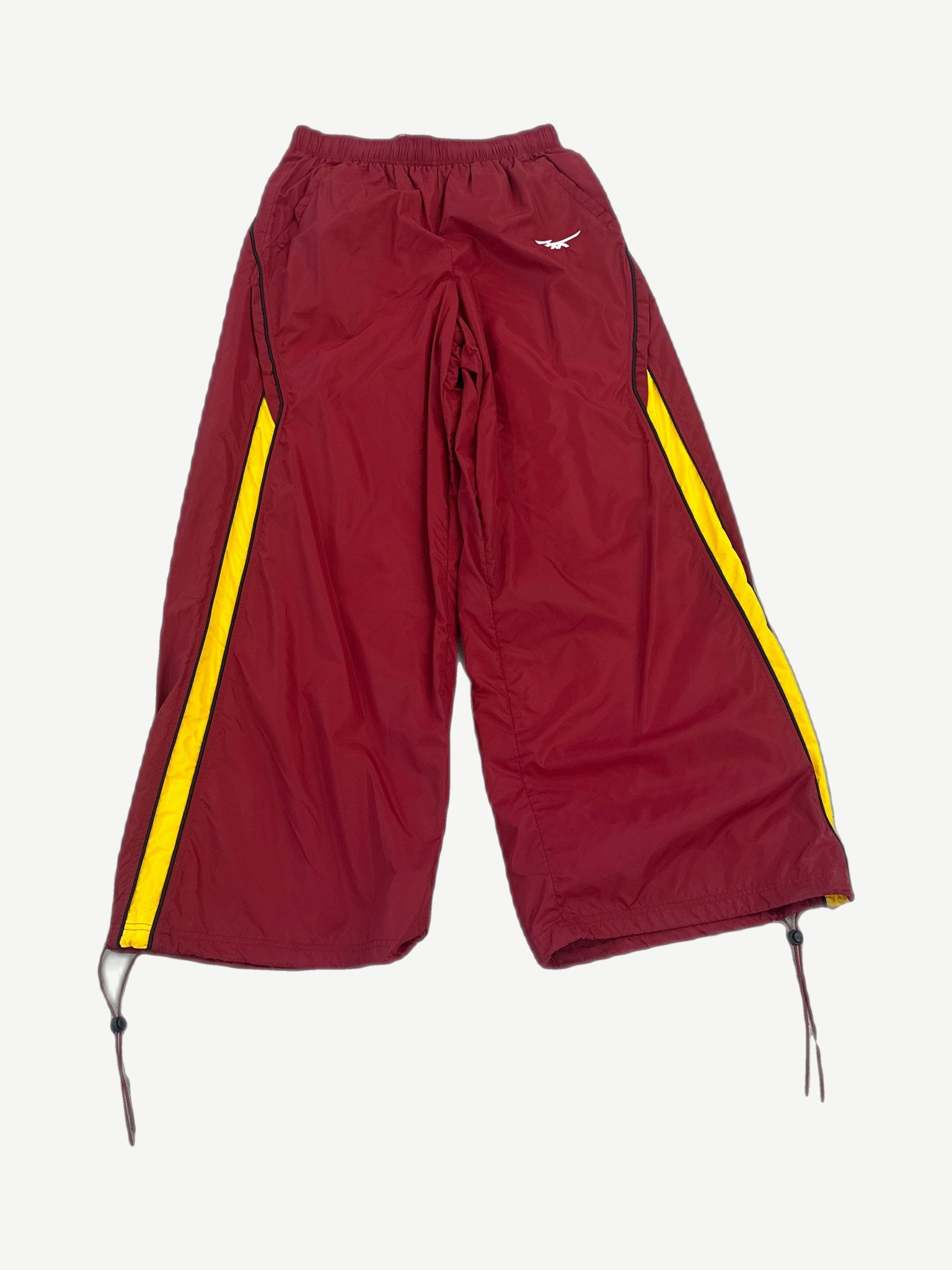 HMDD maroon nylon trackpants front view with gold side stripes and small white logo at hip