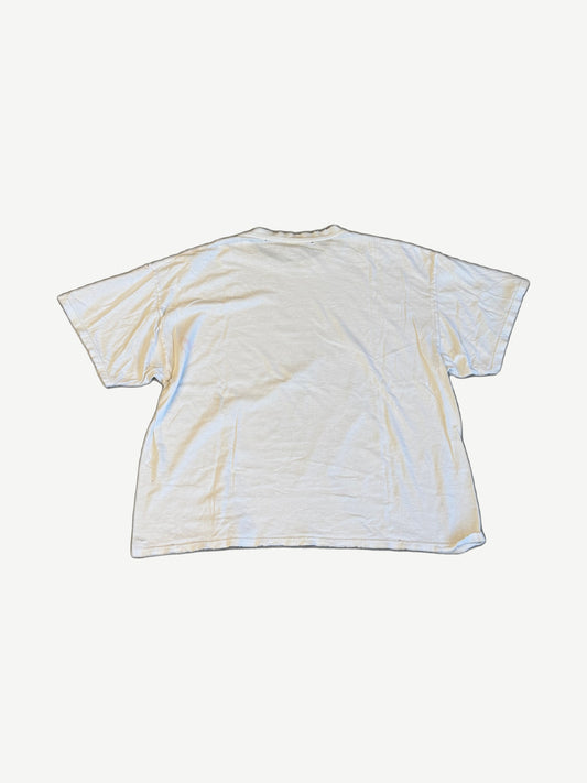 Vintage Tupac caricature white rap tee back view in plain distressed cotton with rolled hem