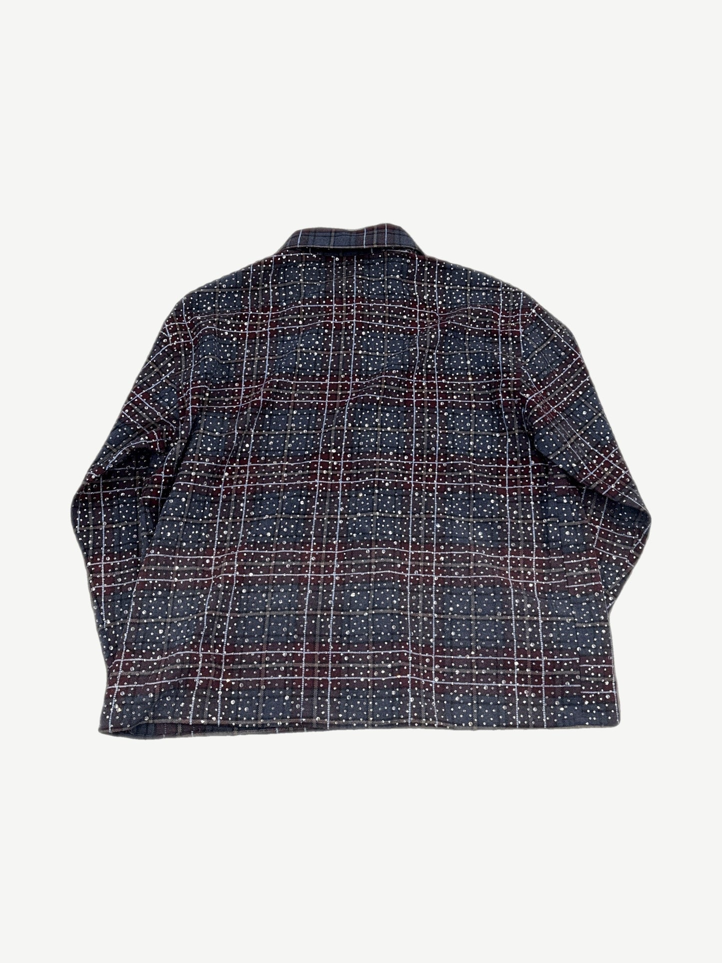 Happy Memories Dont Die navy red plaid flannel back view covered in scattered silver sequin embellishments