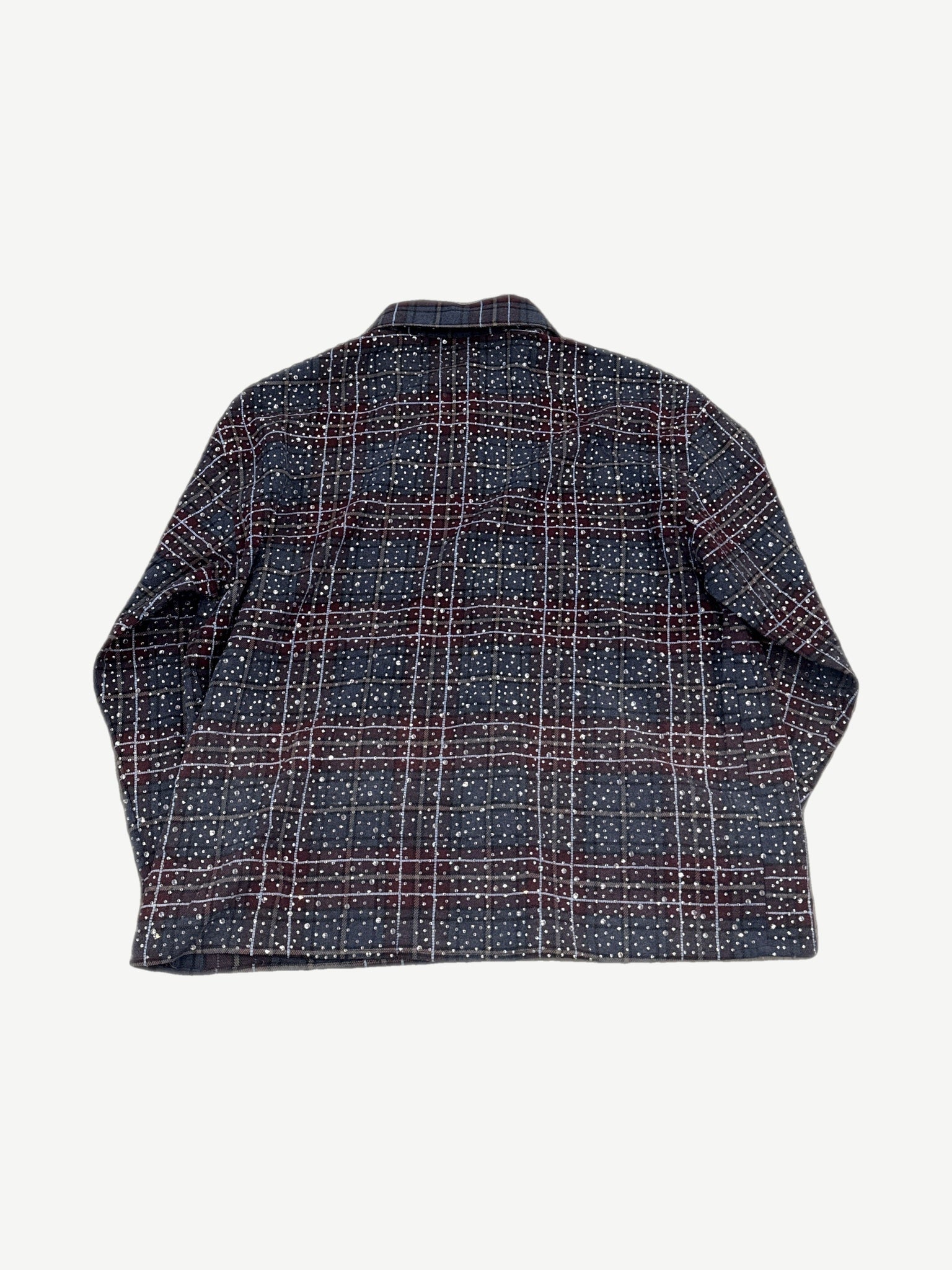Happy Memories Dont Die navy red plaid flannel back view covered in scattered silver sequin embellishments