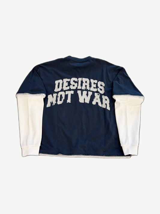 Bottega Desires navy long sleeve tee back, DESIRES NOT WAR white print with extended ribbed sleeve panels.
