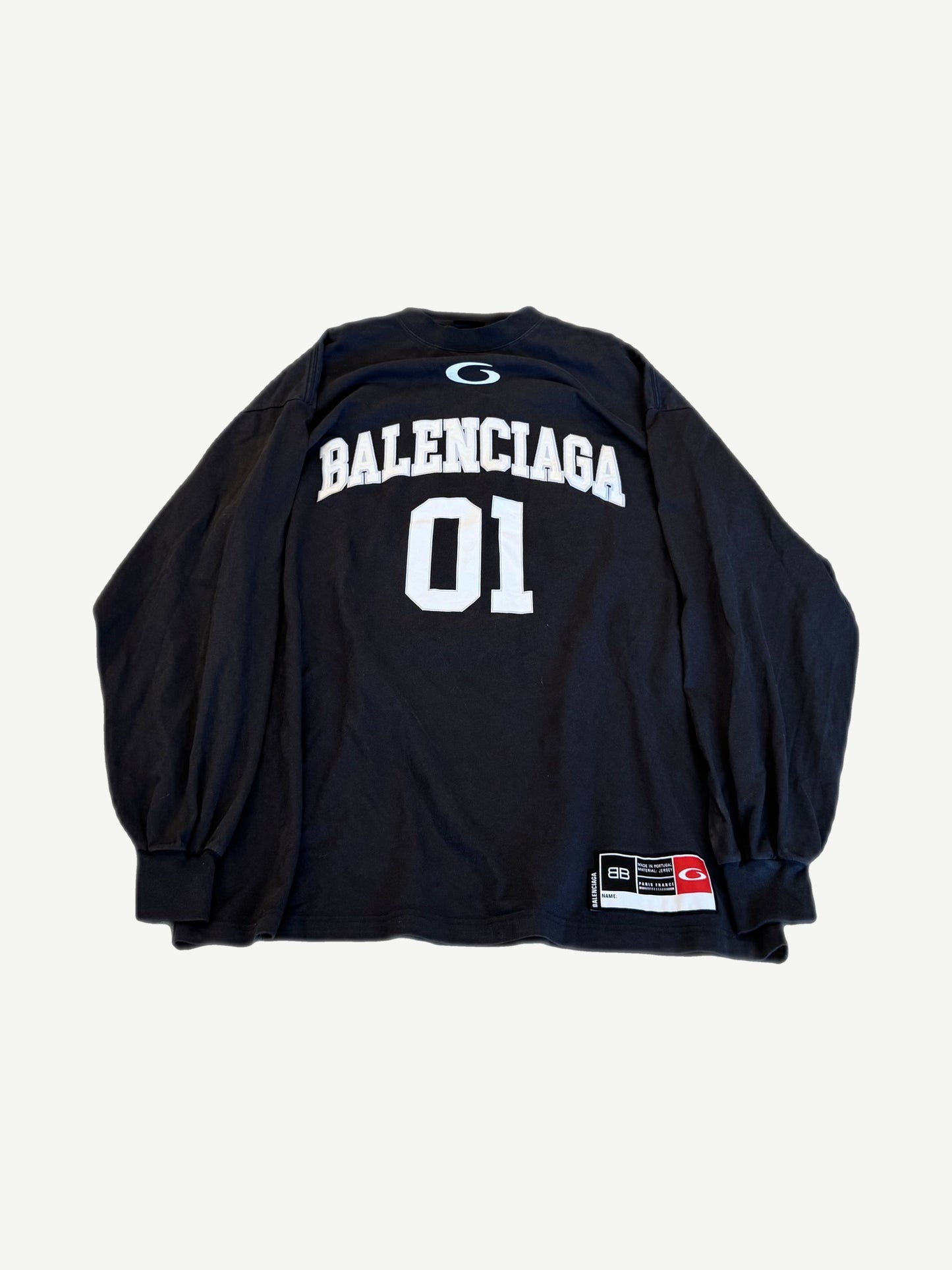 Balenciaga black basketball longsleeve front with white BALENCIAGA 01 arc logo and jersey number