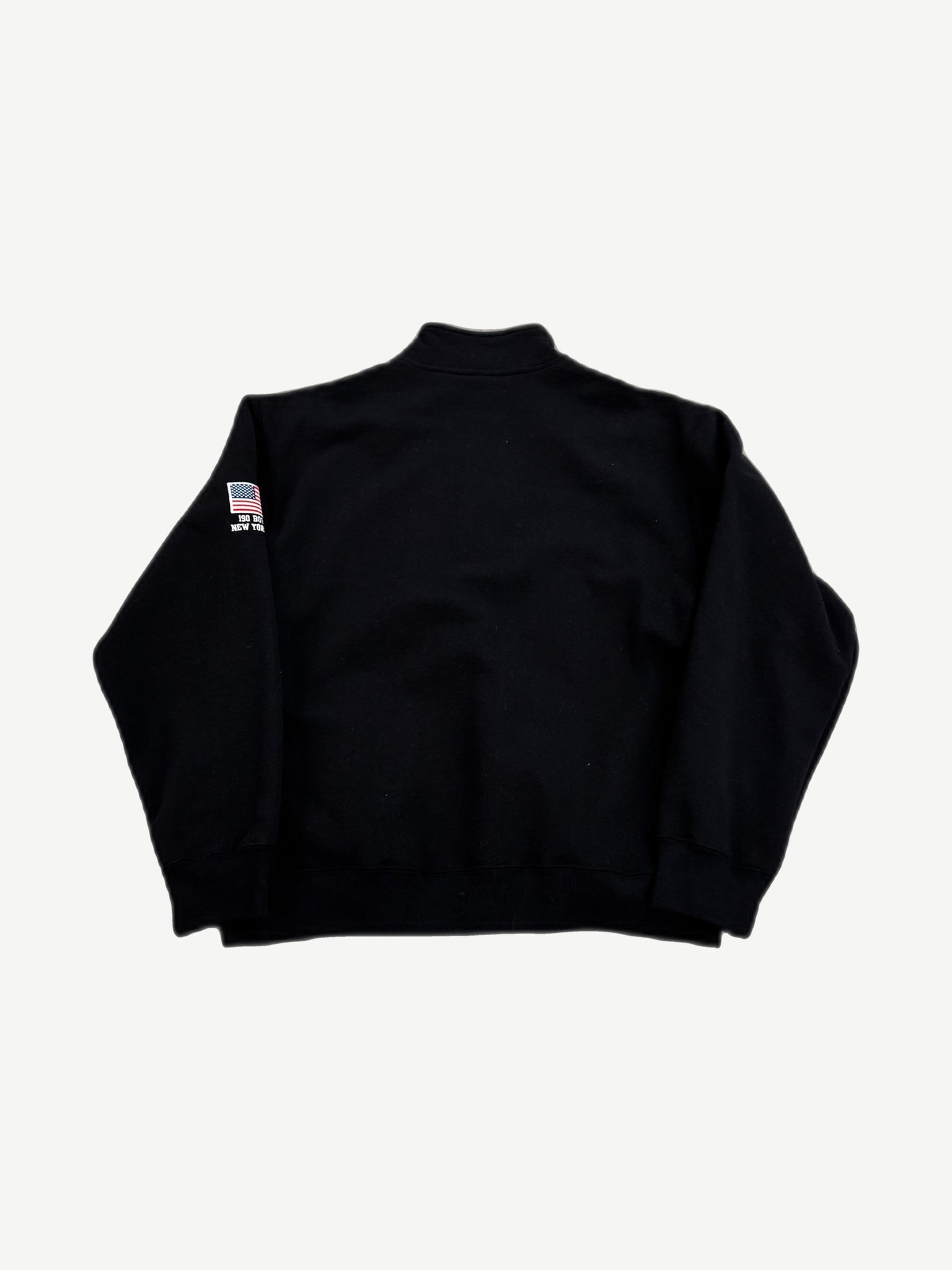 Supreme Black Flag half-zip pullover back view, black fleece with ribbed cuffs and hem