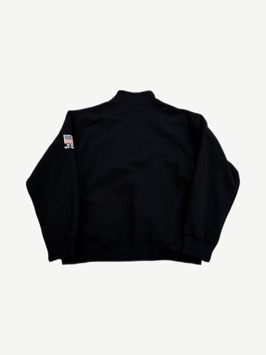 Supreme Black Flag half-zip pullover back view, black fleece with ribbed cuffs and hem