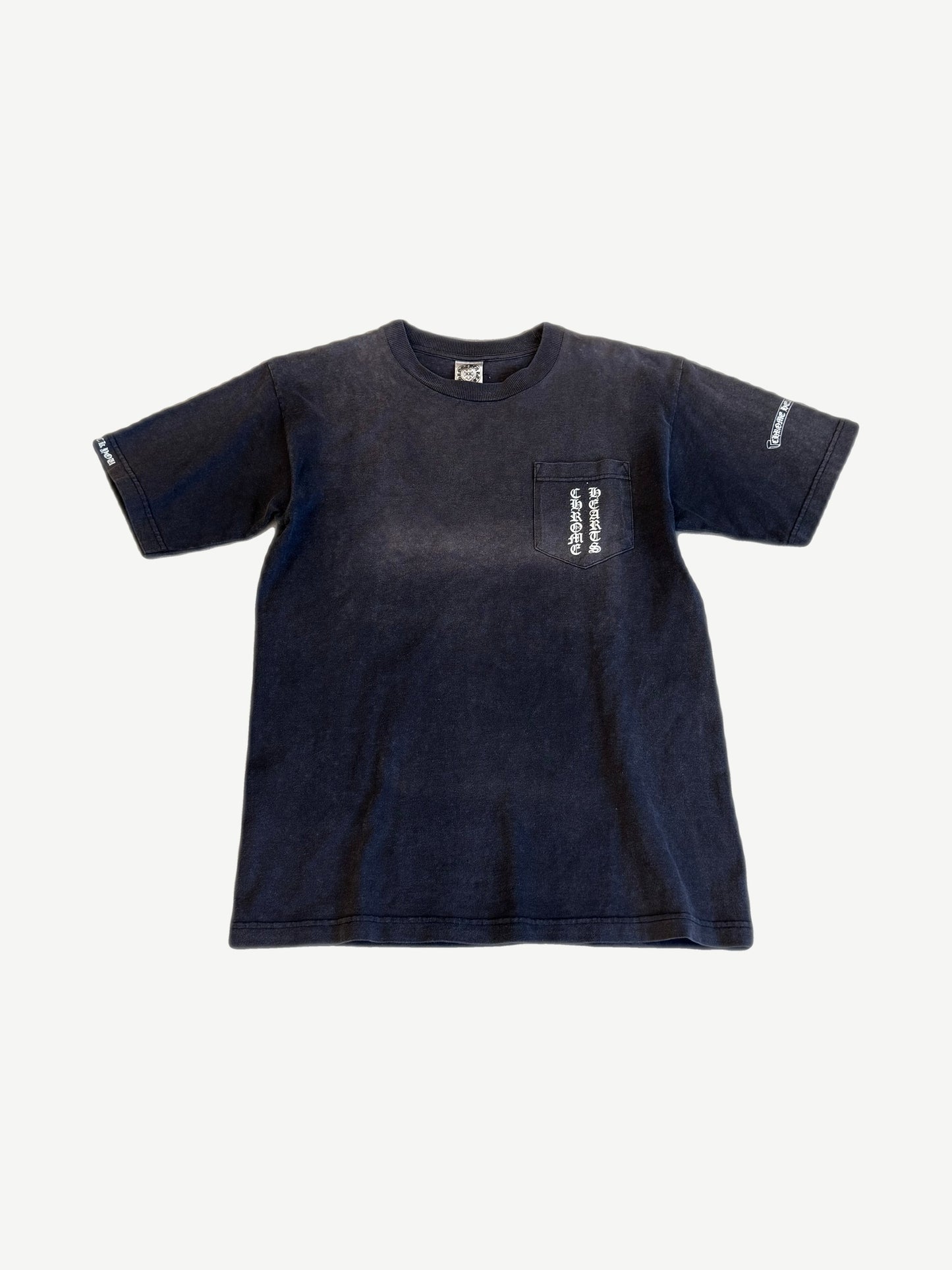 Chrome Hearts vintage faded navy pocket tee with vertical gothic Chrome Hearts pocket print and sleeves.