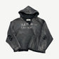 Satoshi Nakamoto black distressed V cut hoodie with bleached logo text and shredded chest holes