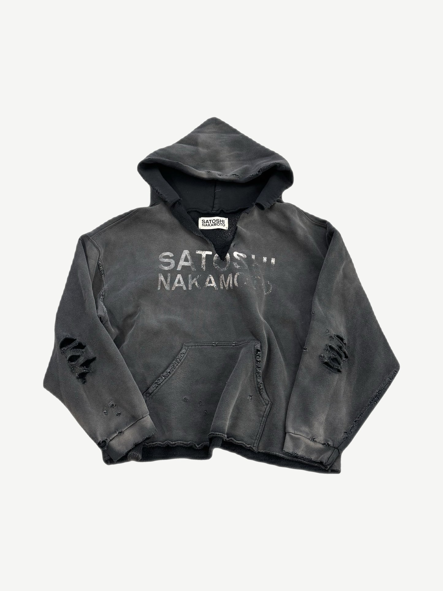 Satoshi Nakamoto black distressed V cut hoodie with bleached logo text and shredded chest holes