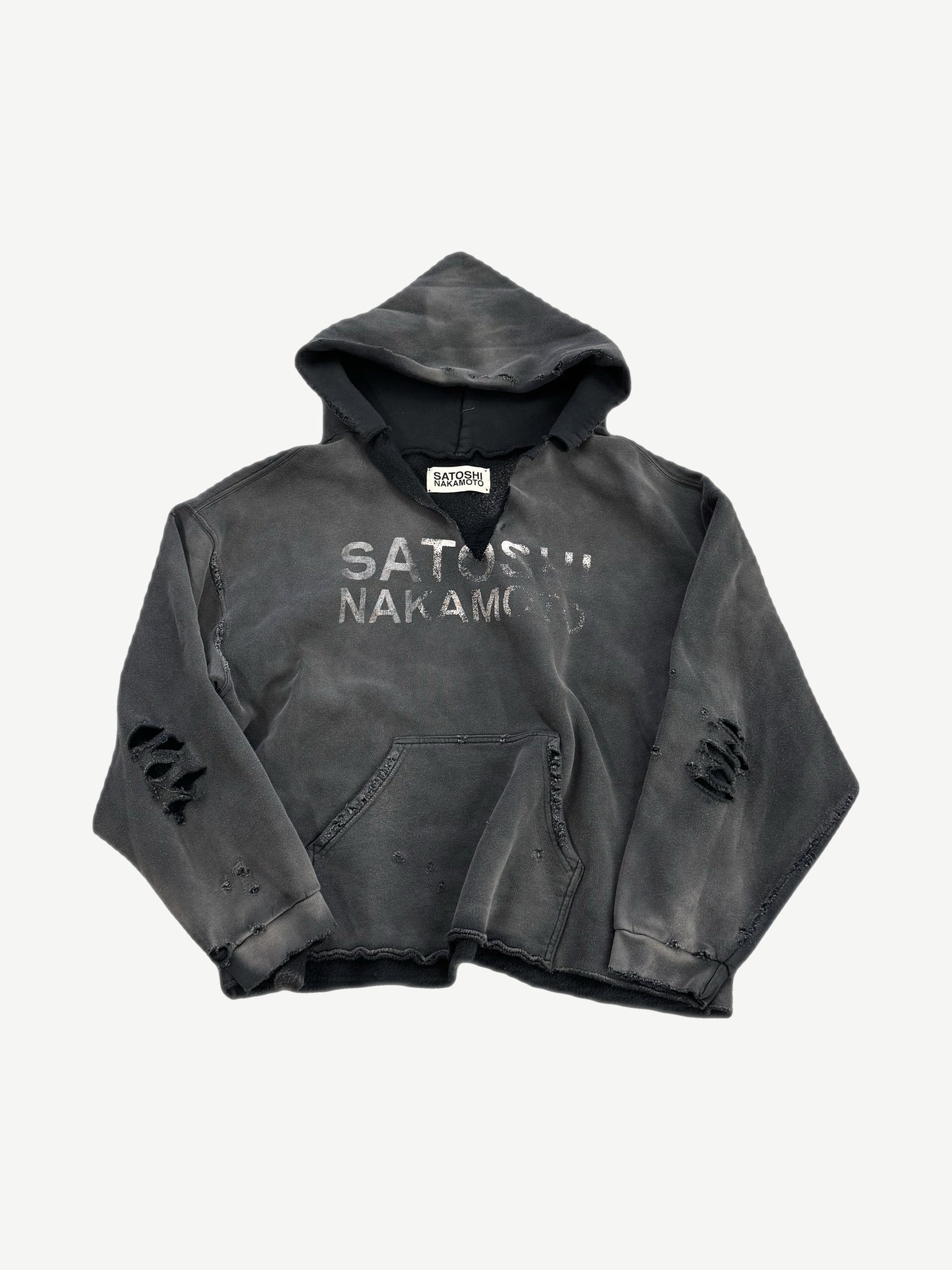 Satoshi Nakamoto black distressed V cut hoodie with bleached logo text and shredded chest holes