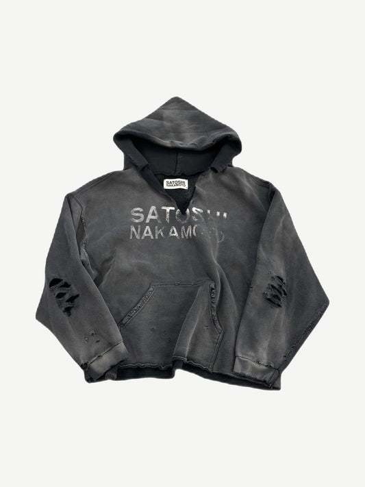 Satoshi Nakamoto black distressed V cut hoodie with bleached logo text and shredded chest holes