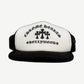 Chrome Hearts black and white trucker hat with Hollywood gothic logo and triple cross print on front.
