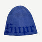 Supreme navy Old English printed beanie, ribbed blue knit with curling Old English Supreme text band