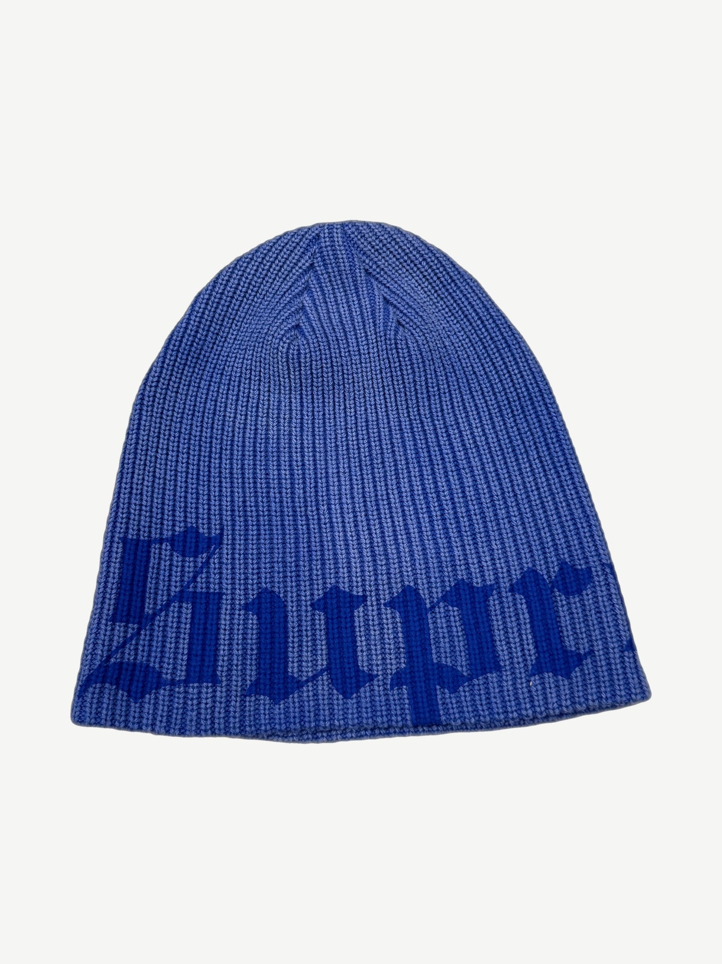 Supreme navy Old English printed beanie, ribbed blue knit with curling Old English Supreme text band