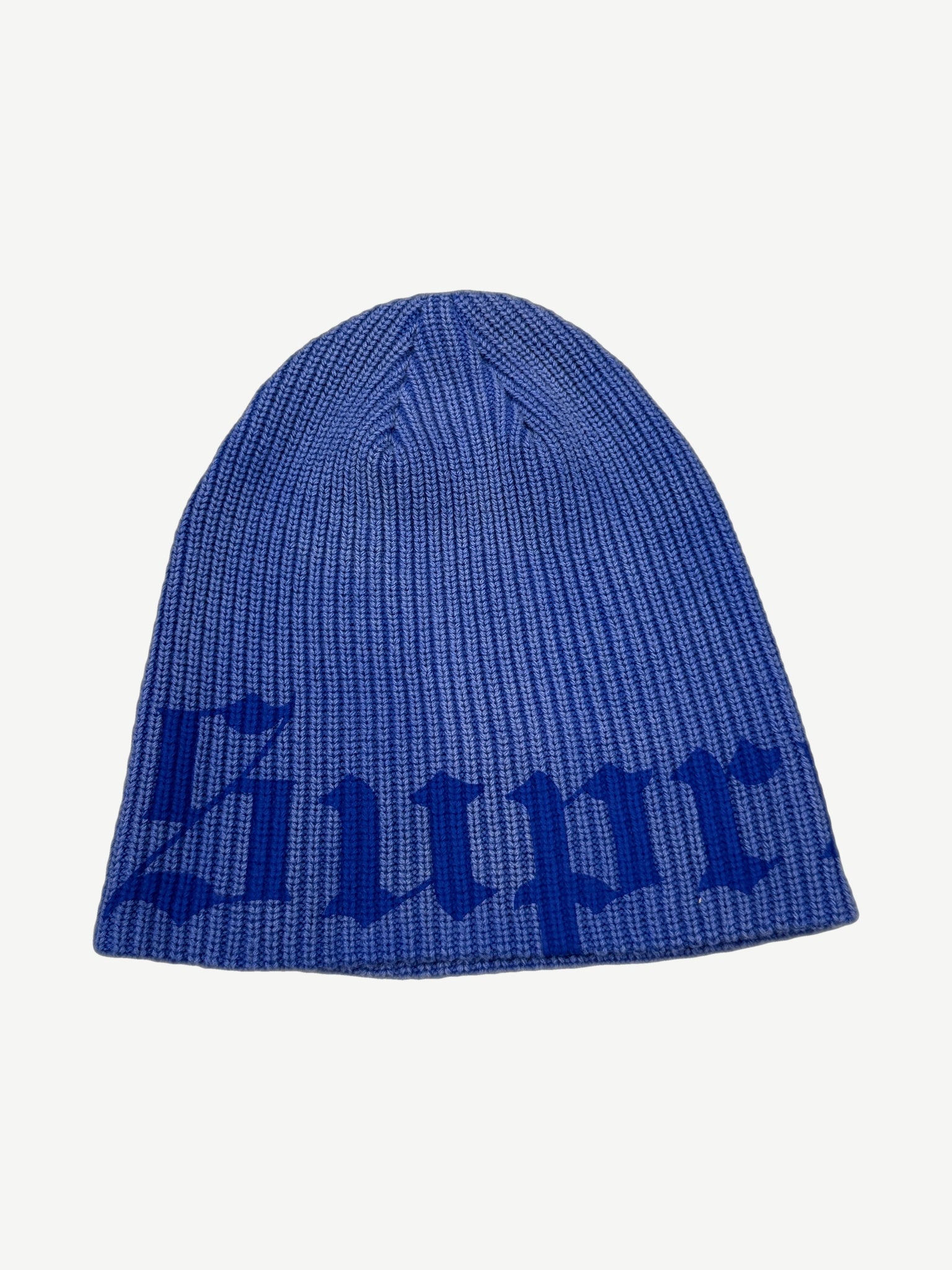 Supreme navy Old English printed beanie, ribbed blue knit with curling Old English Supreme text band