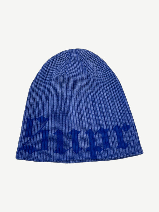 Supreme navy Old English printed beanie, ribbed blue knit with curling Old English Supreme text band