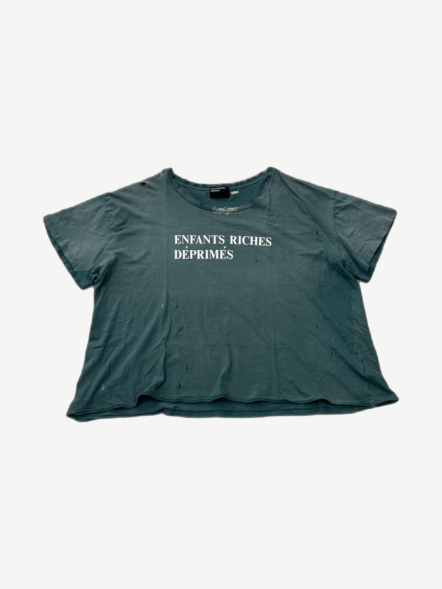 Enfants Riches Deprimes green distressed tee front with white Enfants Riches Deprimes logo print