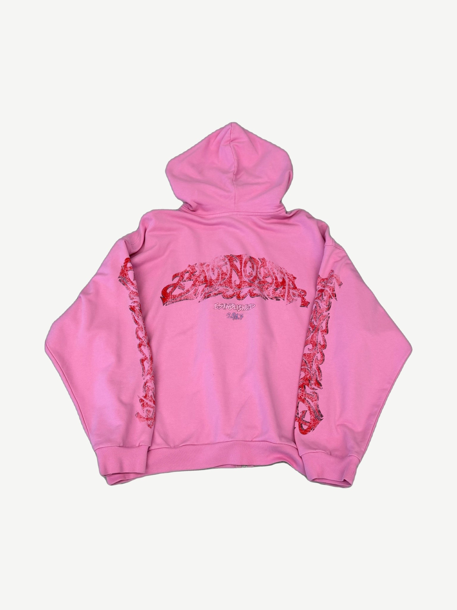 Balenciaga pink Offshore zip-up hoodie back with red graffiti arch logo and Established text print