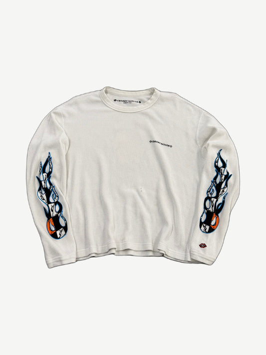 Chrome Hearts Matty Boy white waffle thermal longsleeve front with chest script and skull flame sleeves.