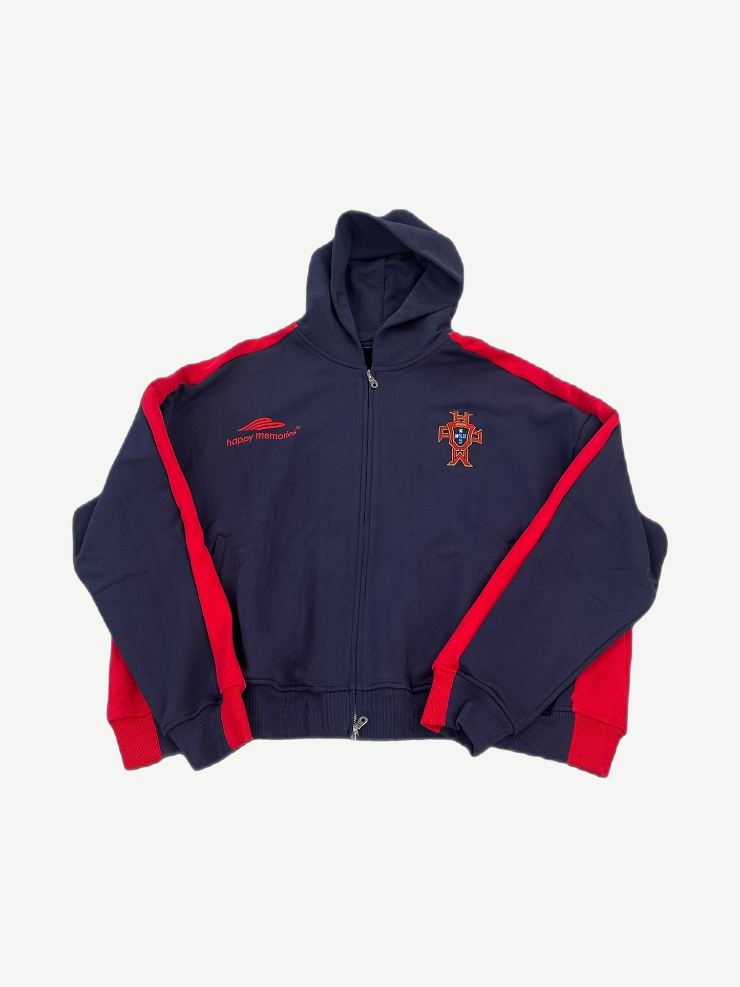 HMDD Lisbon zip-up hoodie in faded red with white embroidered Happy Memories Don't Die chest logo.