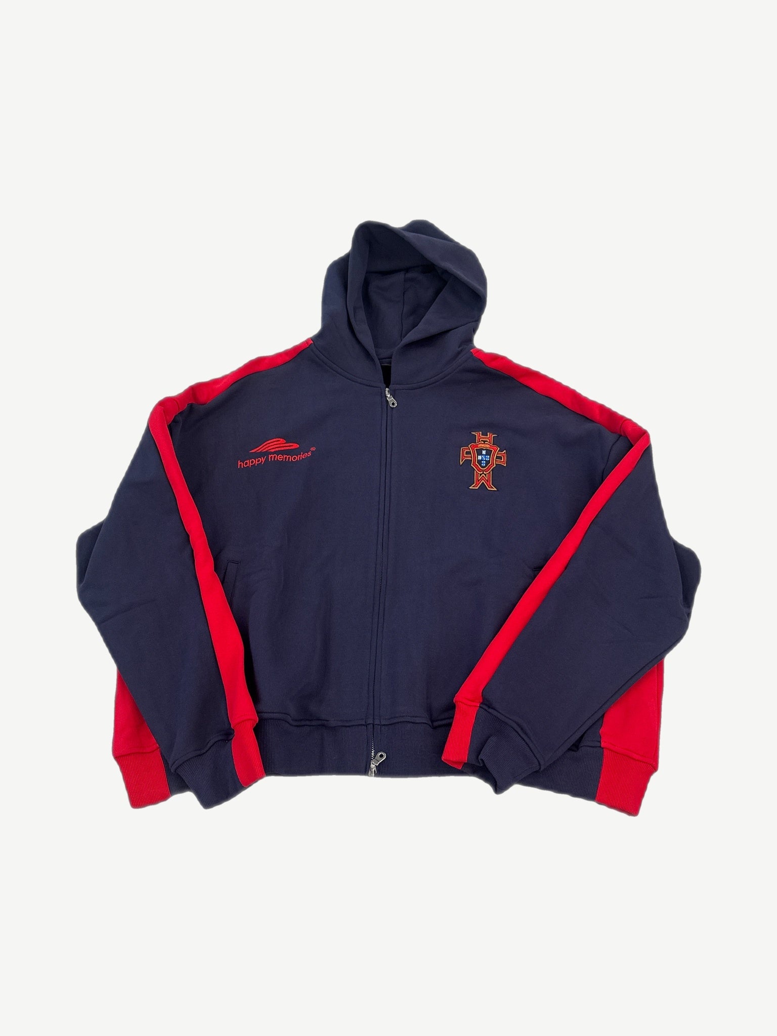 HMDD Lisbon zip-up hoodie in faded red with white embroidered Happy Memories Don't Die chest logo.