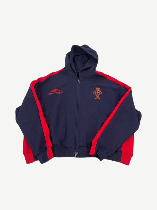 HMDD Lisbon zip-up hoodie in faded red with white embroidered Happy Memories Don't Die chest logo.