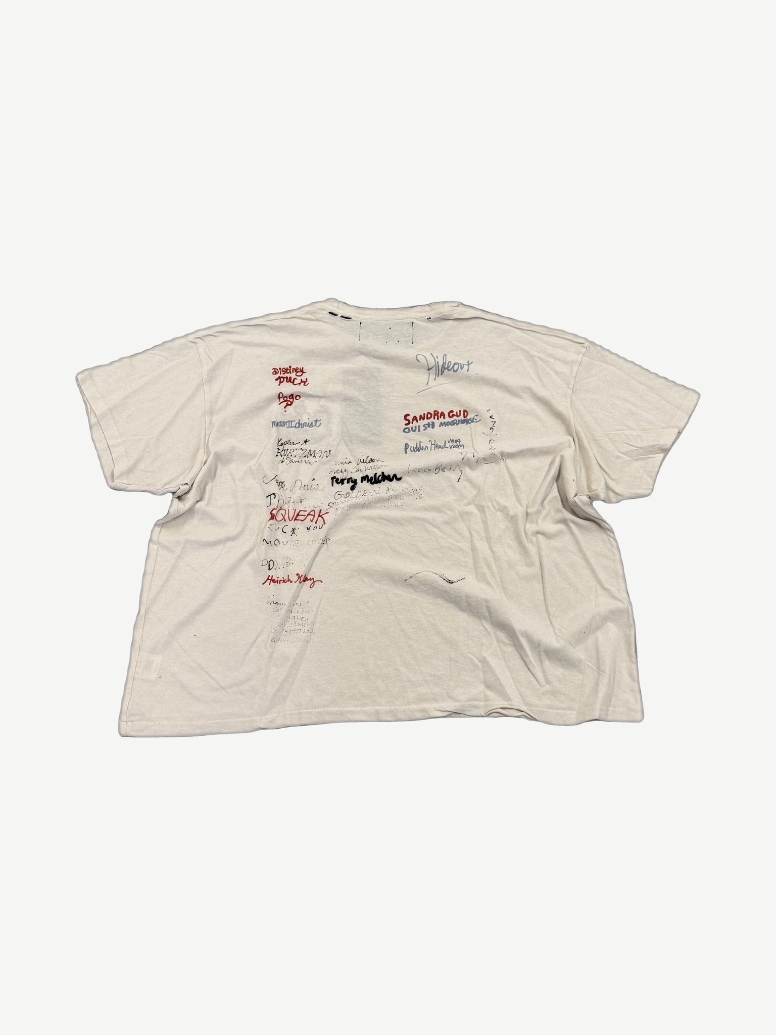 Paly Hollywood signature tee back view in white cotton with distressed holes and worn texture.
