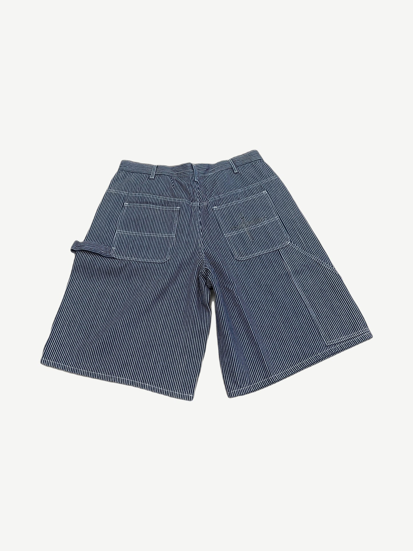 GV Gallery Raspberry Hills pinstripe carpenter shorts back, navy stripes with utility pockets and tool loop.