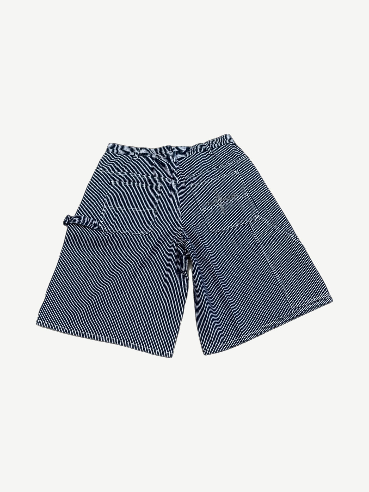 GV Gallery Raspberry Hills pinstripe carpenter shorts back, navy stripes with utility pockets and tool loop.