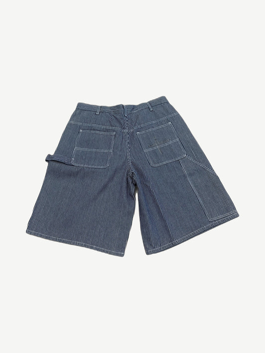 GV Gallery Raspberry Hills pinstripe carpenter shorts back, navy stripes with utility pockets and tool loop.