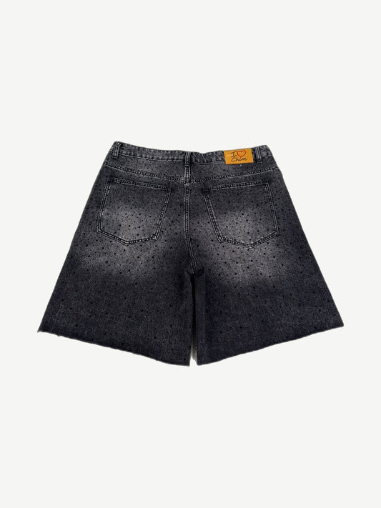 HMDD Billie Jean black jean shorts, back view showing rear pockets and stud detailing on dark denim