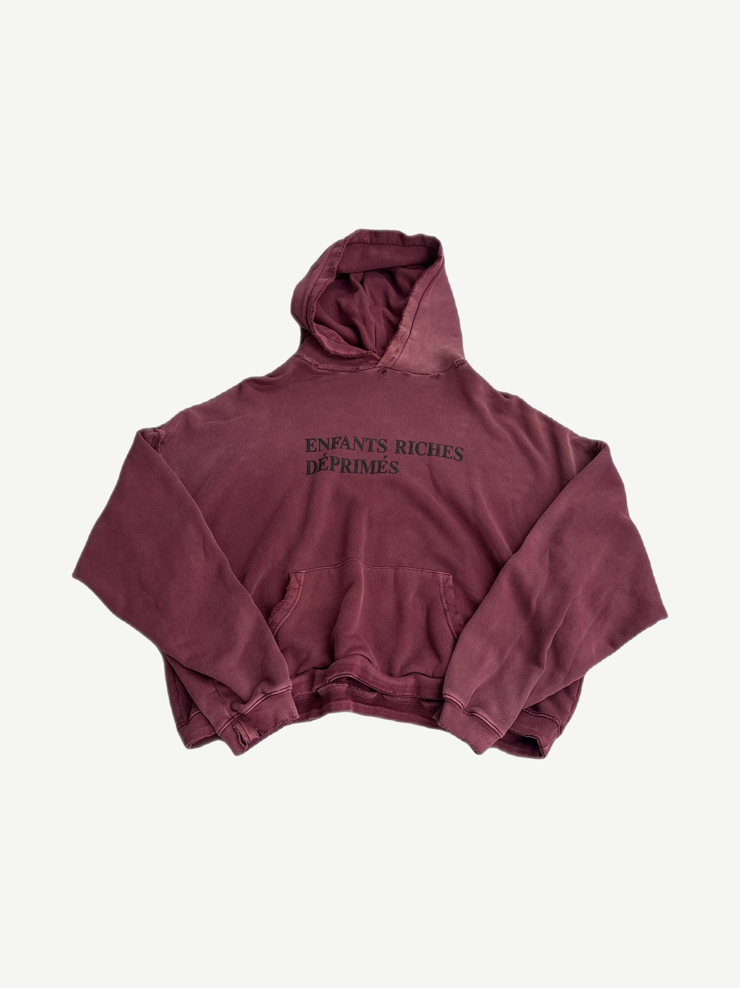 Enfants Riches Deprimes washed burgundy distressed hoodie with white painted logo across chest, heavy distressing.