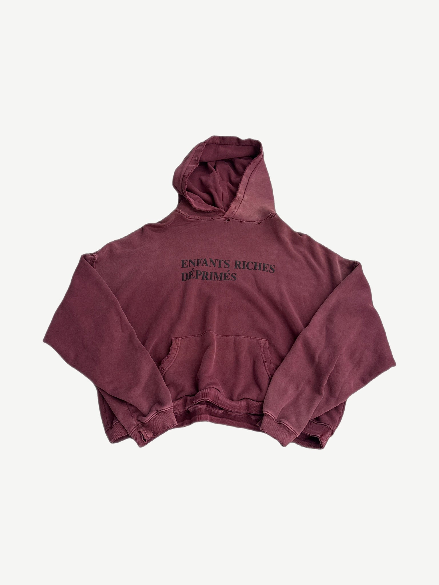 Enfants Riches Deprimes washed burgundy distressed hoodie with white painted logo across chest, heavy distressing.