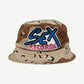 Chrome Hearts Matty Boy desert chocolate chip camo bucket hat front with blue SEX pink RECORDS leather patch