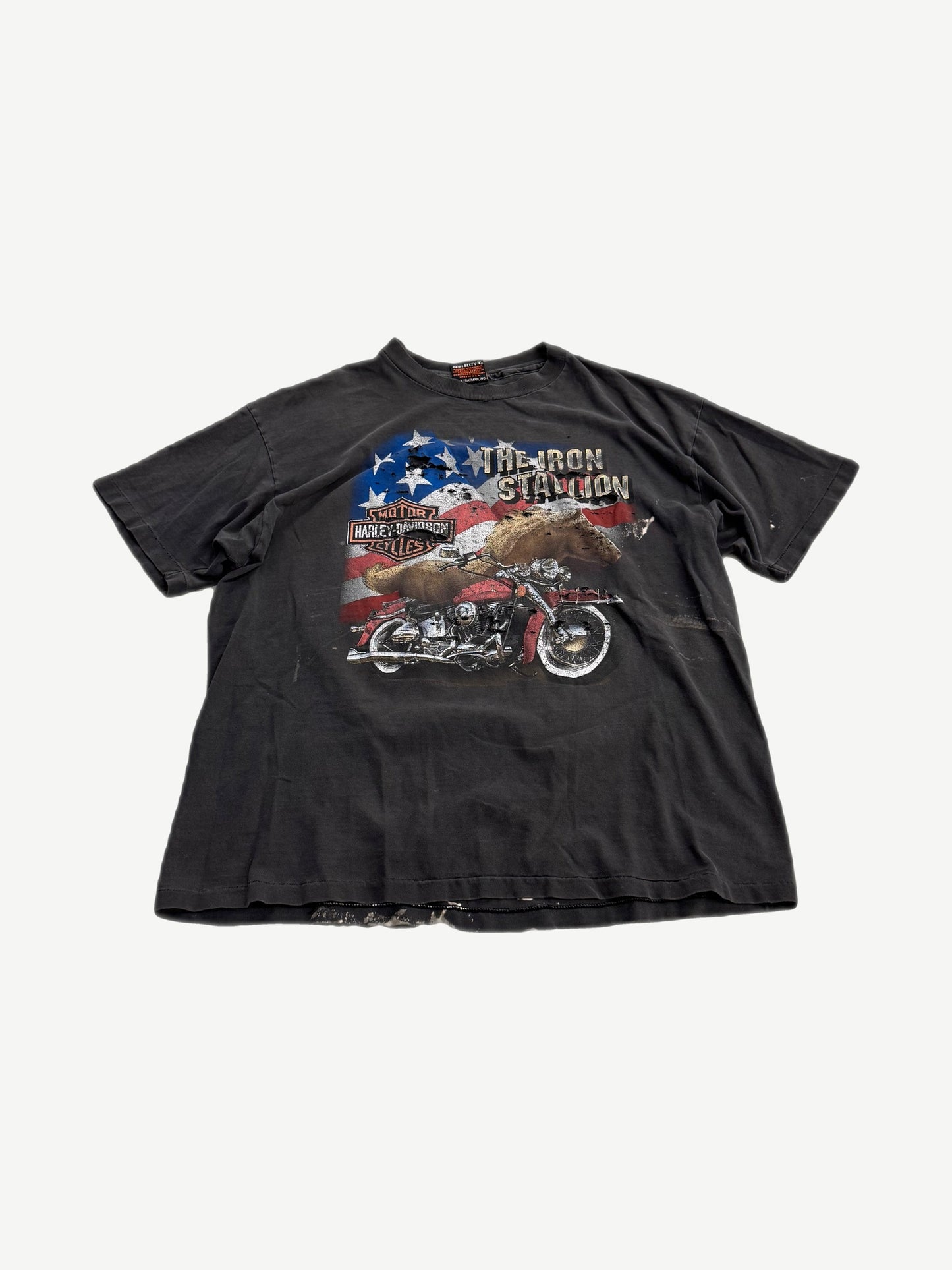 Vintage Harley Davidson Iron Stallion black tee with motorcycle graphic and bar shield logo.