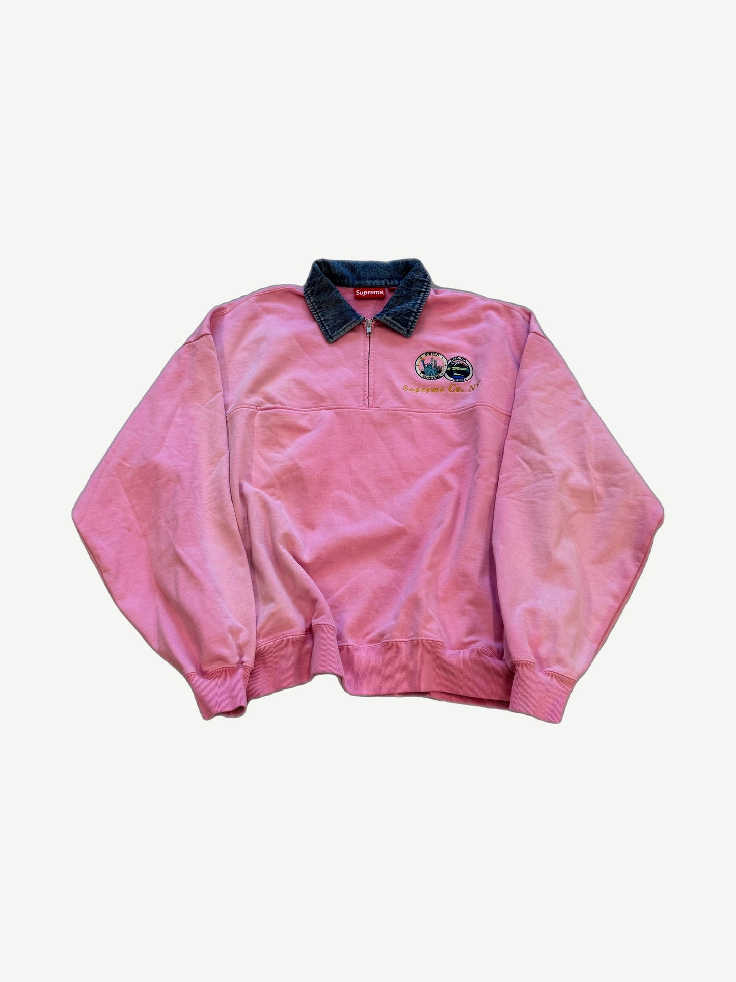 Supreme pink fleece half zip sweatshirt with contrasting denim collar and embroidered chest box logo.