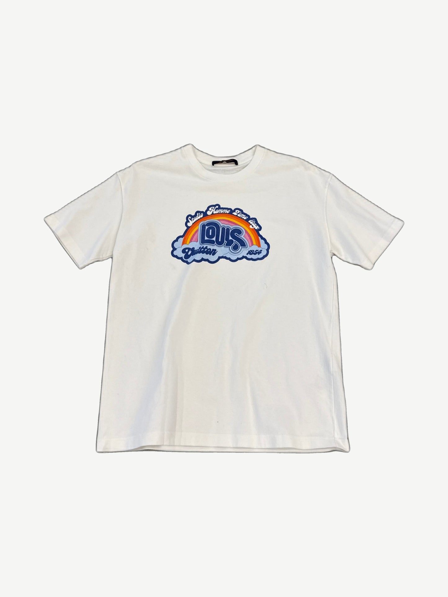 Louis Vuitton white tee with rainbow cloud chest patch reading Studio Homme 2eme Etage 1854.