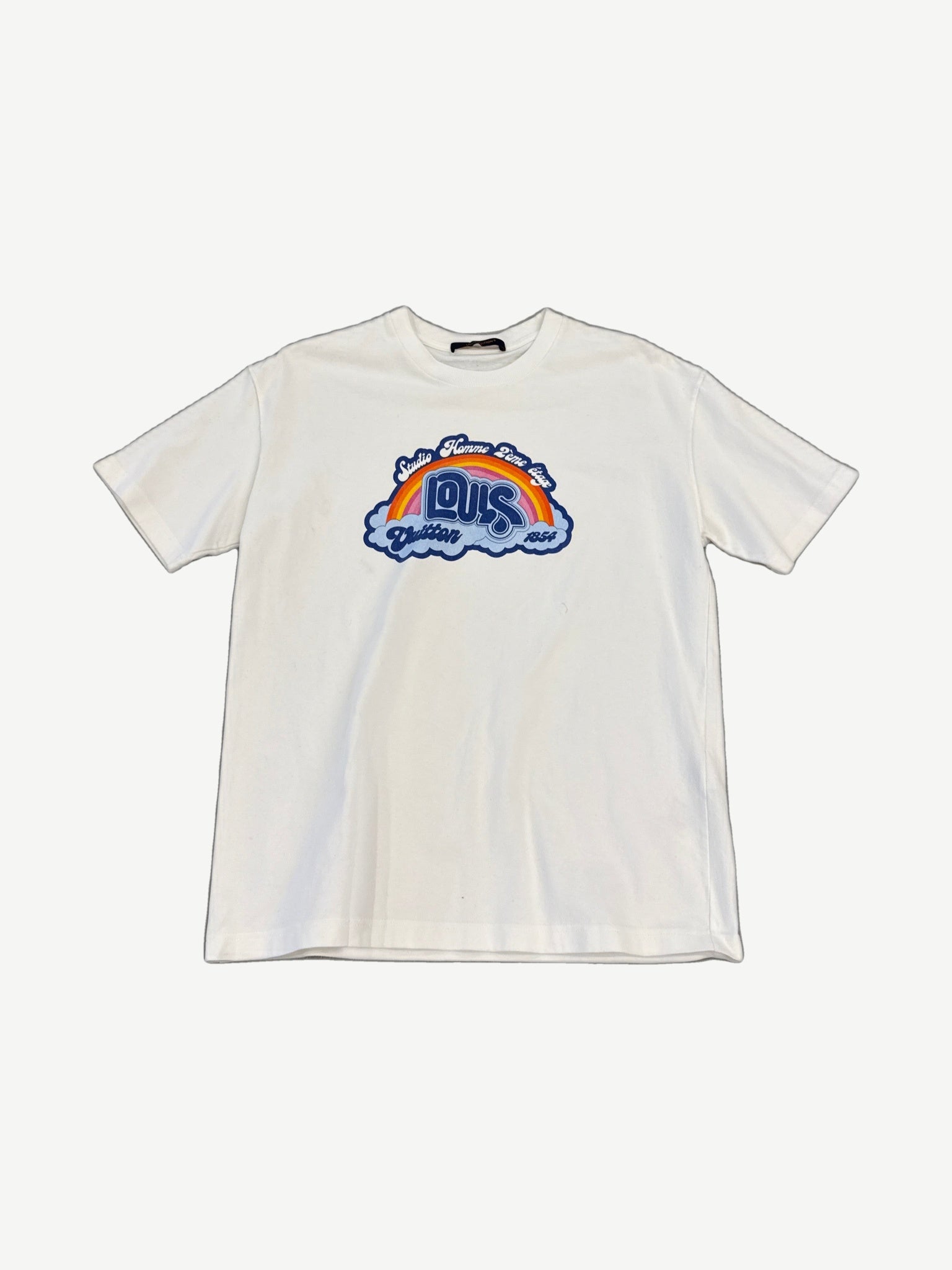 Louis Vuitton white tee with rainbow cloud chest patch reading Studio Homme 2eme Etage 1854.