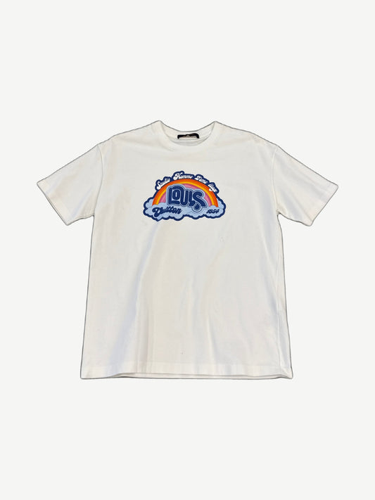 Louis Vuitton white tee with rainbow cloud chest patch reading Studio Homme 2eme Etage 1854.