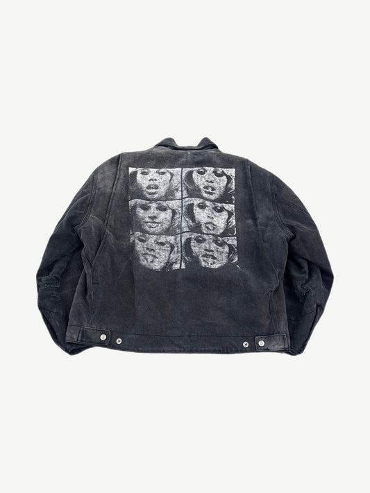 Enfants Riches Deprimes black jacket back showing six-panel screen-printed face portraits in white ink.