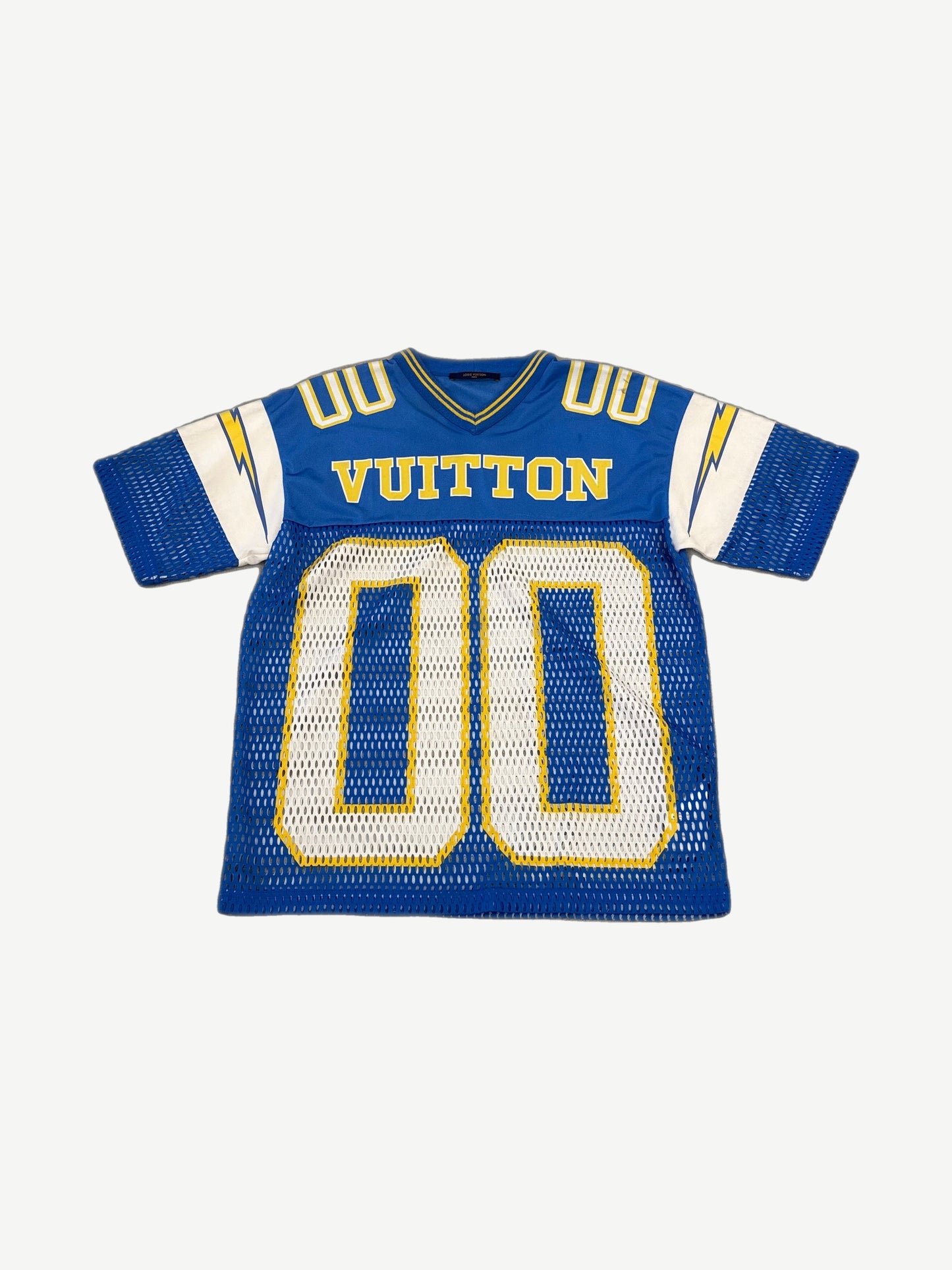 Louis Vuitton Chargers Amen Break football jersey front view with LV monogram embroidery and athletic mesh fabric