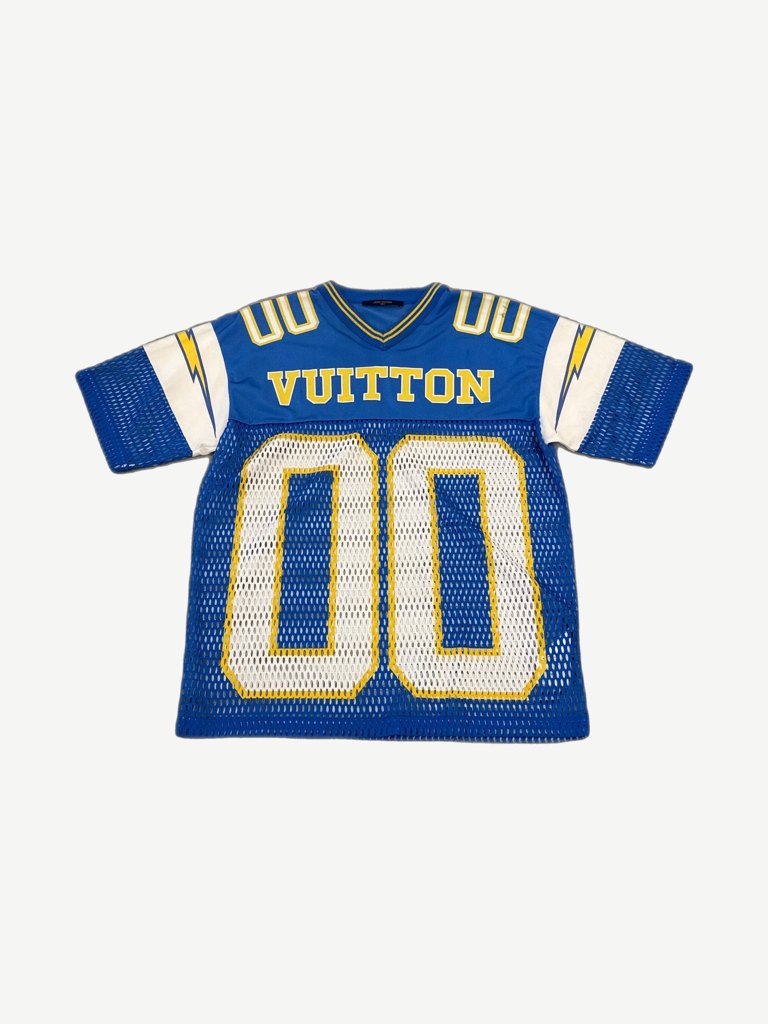Louis Vuitton Chargers Amen Break football jersey front view with LV monogram embroidery and athletic mesh fabric