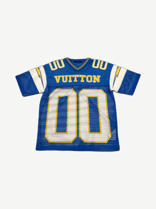 Louis Vuitton Chargers Amen Break football jersey front view with LV monogram embroidery and athletic mesh fabric