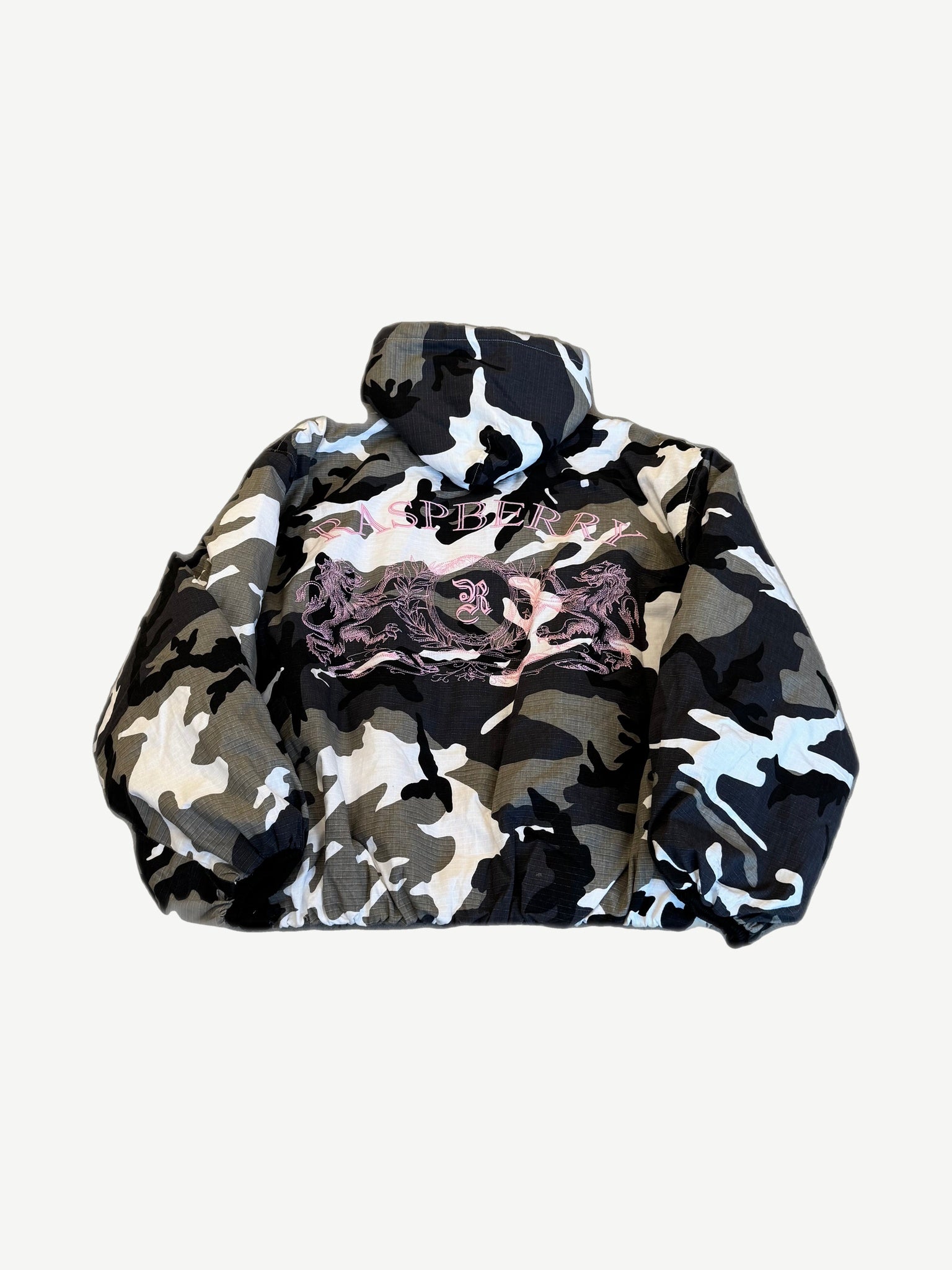 GV Gallery Raspberry Hills Ice Camo Deron jacket back view with allover blue grey camouflage print