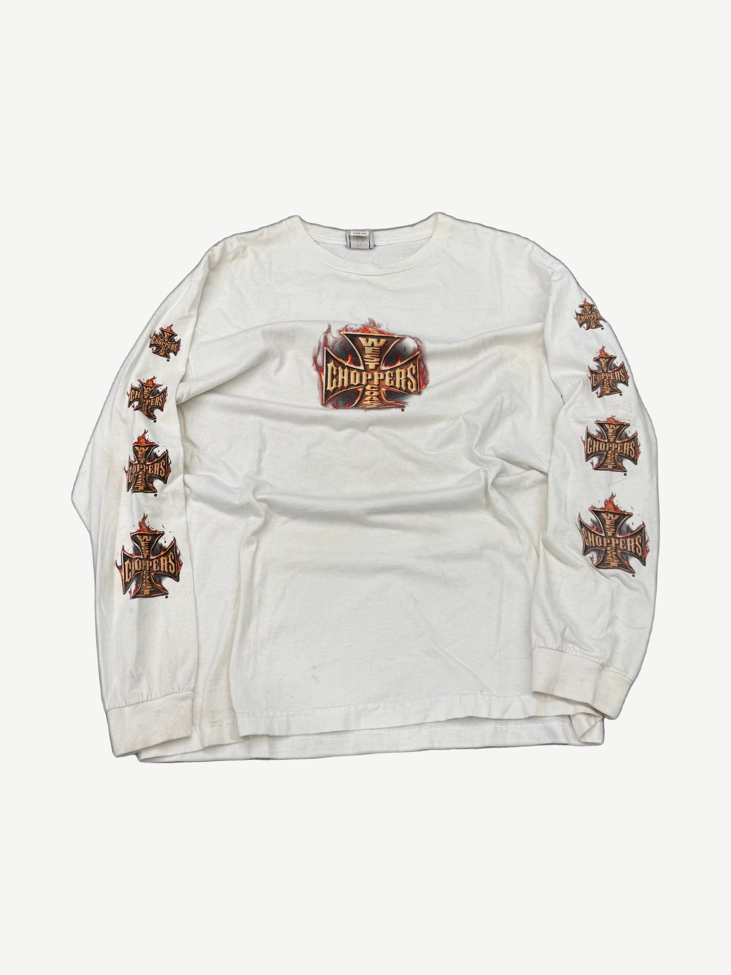 Vintage West Coast Choppers white long-sleeve tee with red and orange flame graphic across the chest.