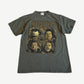 Vintage Metallica olive green tee front with sepia band member portrait graphic and bold Metallica logo print