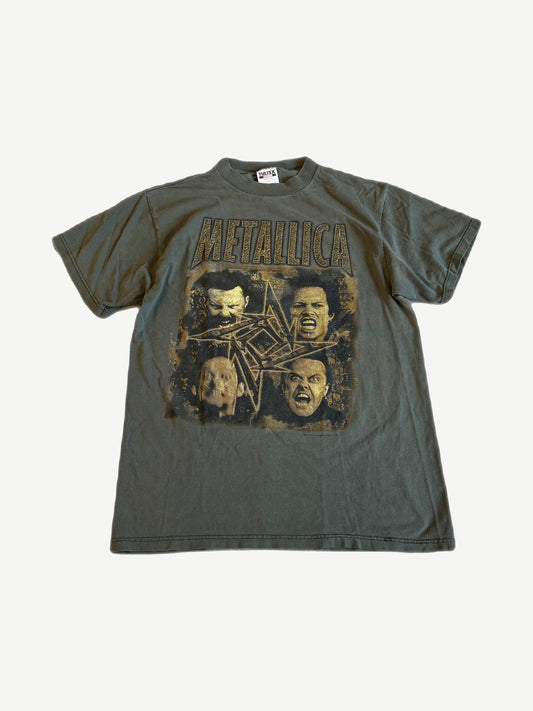 Vintage Metallica olive green tee front with sepia band member portrait graphic and bold Metallica logo print
