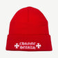 Chrome Hearts red knit beanie with white gothic Chrome Hearts wordmark and embroidered cross logos.