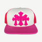 Chrome Hearts pink trucker hat with three hot pink cross patches stitched on white foam front panel