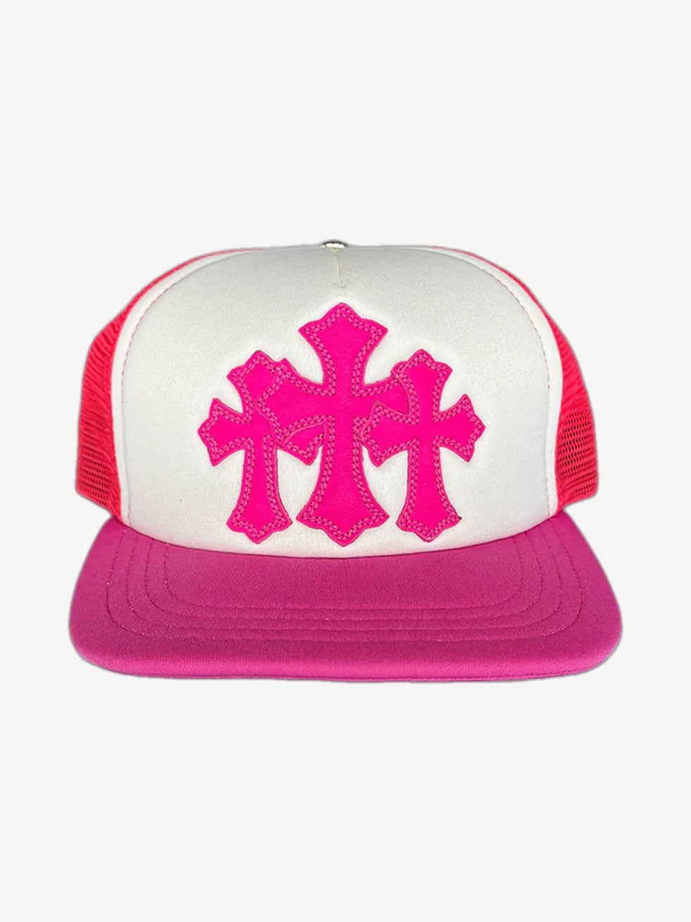 Chrome Hearts pink trucker hat with three hot pink cross patches stitched on white foam front panel